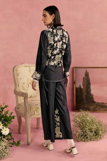 Shop_Surabhi Arya_Black Cotton, Twill Applique, Pearls Embroidered Overlay And Pant Set _at_Aza_Fashions