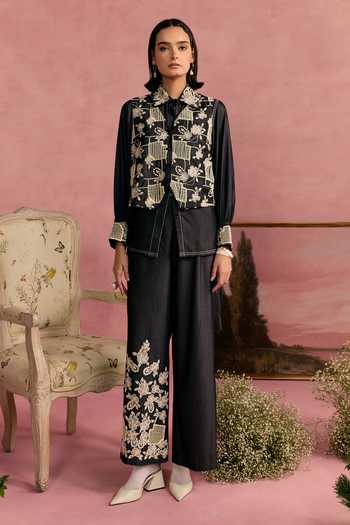 Surabhi Arya_Black Cotton, Twill Applique, Pearls Embroidered Overlay And Pant Set _Online_at_Aza_Fashions