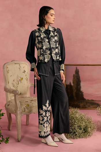Buy_Surabhi Arya_Black Cotton, Twill Applique, Pearls Embroidered Overlay And Pant Set _Online_at_Aza_Fashions