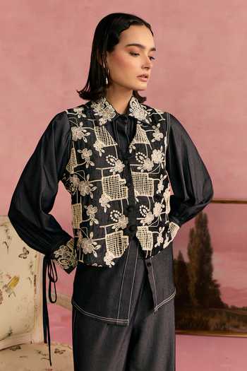 Shop_Surabhi Arya_Black Cotton, Twill Applique, Pearls Embroidered Overlay And Pant Set _Online_at_Aza_Fashions