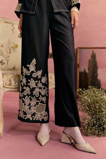 Surabhi Arya_Black Cotton, Twill Applique, Pearls Embroidered Overlay And Pant Set _at_Aza_Fashions