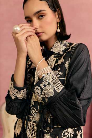 Buy_Surabhi Arya_Black Cotton, Twill Applique, Pearls Embroidered Overlay And Pant Set 