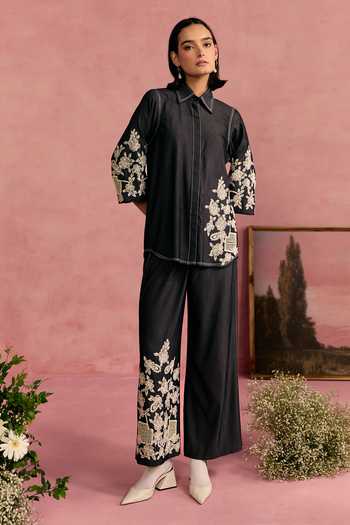 Buy_Surabhi Arya_Black Cotton, Twill Collared Neck Floral Embroidered Shirt And Pant Set _at_Aza_Fashions