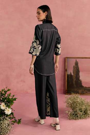 Shop_Surabhi Arya_Black Cotton, Twill Collared Neck Floral Embroidered Shirt And Pant Set _at_Aza_Fashions