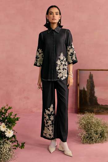 Buy_Surabhi Arya_Black Cotton, Twill Collared Neck Floral Embroidered Shirt And Pant Set _Online_at_Aza_Fashions