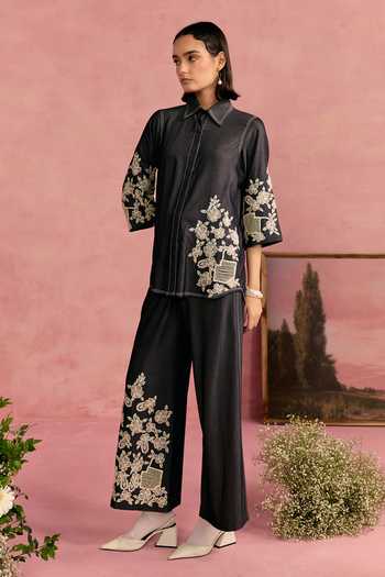 Shop_Surabhi Arya_Black Cotton, Twill Collared Neck Floral Embroidered Shirt And Pant Set _Online_at_Aza_Fashions
