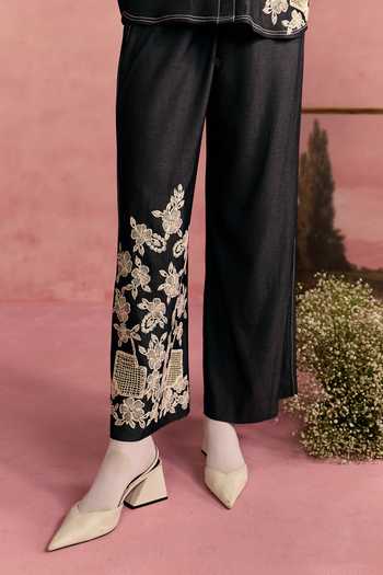 Buy_Surabhi Arya_Black Cotton, Twill Collared Neck Floral Embroidered Shirt And Pant Set 