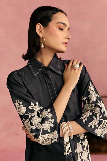 Shop_Surabhi Arya_Black Cotton, Twill Collared Neck Floral Embroidered Shirt And Pant Set 