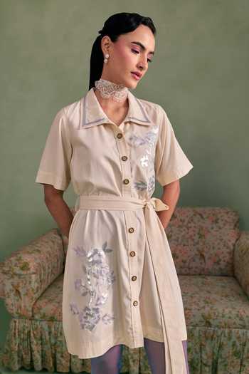 Surabhi Arya_Ivory Cotton, Twill Button-down Neck Leather Patchwork Dress With Belt _Online_at_Aza_Fashions