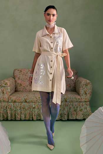 Buy_Surabhi Arya_Ivory Cotton, Twill Button-down Neck Leather Patchwork Dress With Belt _Online_at_Aza_Fashions