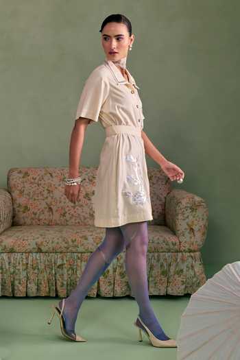 Shop_Surabhi Arya_Ivory Cotton, Twill Button-down Neck Leather Patchwork Dress With Belt _Online_at_Aza_Fashions