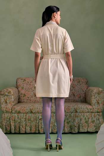 Shop_Surabhi Arya_Ivory Cotton, Twill Button-down Neck Leather Patchwork Dress With Belt _at_Aza_Fashions
