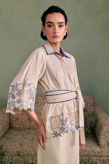 Surabhi Arya_Ivory Cotton, Twill Collared Neck Thread Work Shirt And Pant Set _Online_at_Aza_Fashions