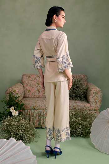 Shop_Surabhi Arya_Ivory Cotton, Twill Collared Neck Thread Work Shirt And Pant Set _at_Aza_Fashions