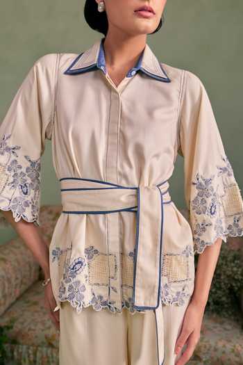 Buy_Surabhi Arya_Ivory Cotton, Twill Collared Neck Thread Work Shirt And Pant Set _Online_at_Aza_Fashions