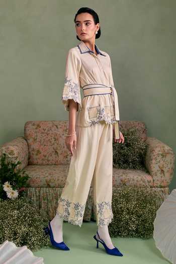 Shop_Surabhi Arya_Ivory Cotton, Twill Collared Neck Thread Work Shirt And Pant Set _Online_at_Aza_Fashions