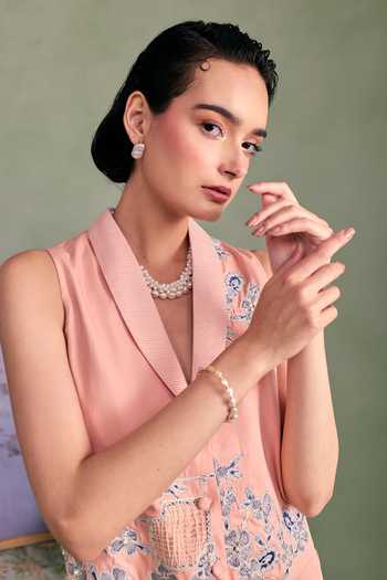 Buy_Surabhi Arya_Peach Cotton, Twill V-neck Applique Thread Work Top With Skirt _Online_at_Aza_Fashions