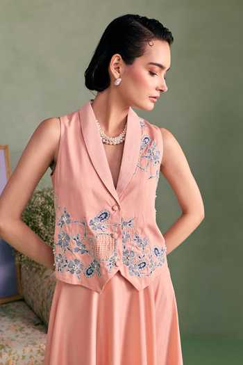Shop_Surabhi Arya_Peach Cotton, Twill V-neck Applique Thread Work Top With Skirt _Online_at_Aza_Fashions