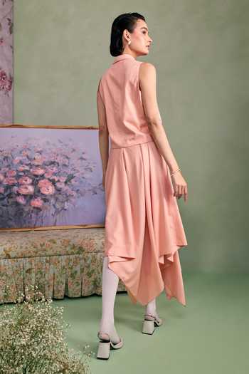 Shop_Surabhi Arya_Peach Cotton, Twill V-neck Applique Thread Work Top With Skirt _at_Aza_Fashions
