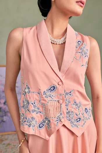 Surabhi Arya_Peach Cotton, Twill V-neck Applique Thread Work Top With Skirt _at_Aza_Fashions