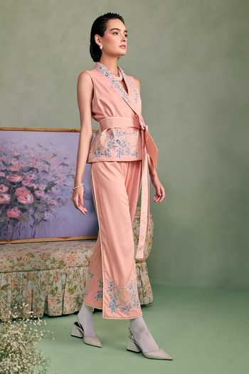 Surabhi Arya_Peach Cotton, Twill Shawl Neck Embroidered Wrap Top And Pant Set _Online_at_Aza_Fashions