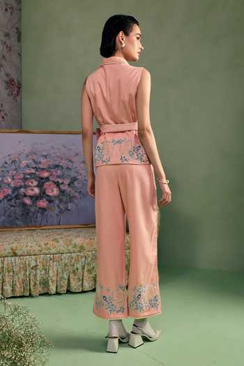 Shop_Surabhi Arya_Peach Cotton, Twill Shawl Neck Embroidered Wrap Top And Pant Set _at_Aza_Fashions