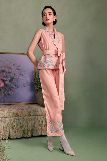 Buy_Surabhi Arya_Peach Cotton, Twill Shawl Neck Embroidered Wrap Top And Pant Set _Online_at_Aza_Fashions