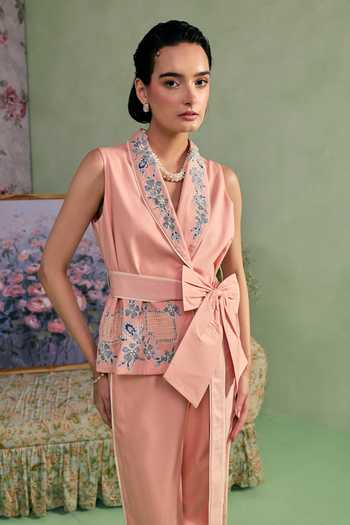 Shop_Surabhi Arya_Peach Cotton, Twill Shawl Neck Embroidered Wrap Top And Pant Set _Online_at_Aza_Fashions
