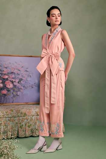 Surabhi Arya_Peach Cotton, Twill Shawl Neck Embroidered Wrap Top And Pant Set _at_Aza_Fashions