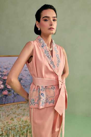 Buy_Surabhi Arya_Peach Cotton, Twill Shawl Neck Embroidered Wrap Top And Pant Set 