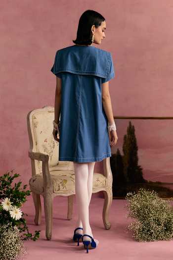 Shop_Surabhi Arya_Blue Cotton, Twill Collared Neck Leather Patchwork Dress _at_Aza_Fashions