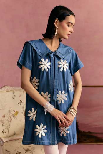 Surabhi Arya_Blue Cotton, Twill Collared Neck Leather Patchwork Dress _Online_at_Aza_Fashions