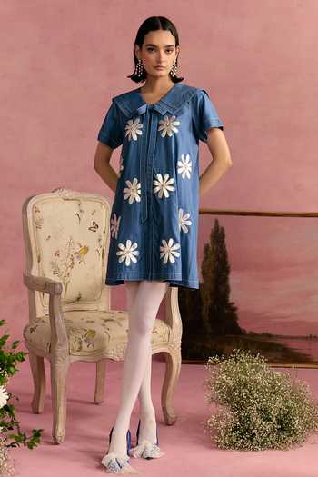 Buy_Surabhi Arya_Blue Cotton, Twill Collared Neck Leather Patchwork Dress _at_Aza_Fashions