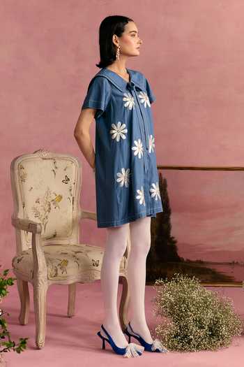 Shop_Surabhi Arya_Blue Cotton, Twill Collared Neck Leather Patchwork Dress _Online_at_Aza_Fashions