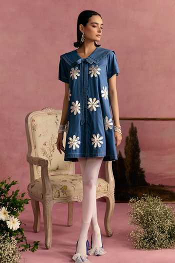 Surabhi Arya_Blue Cotton, Twill Collared Neck Leather Patchwork Dress _at_Aza_Fashions