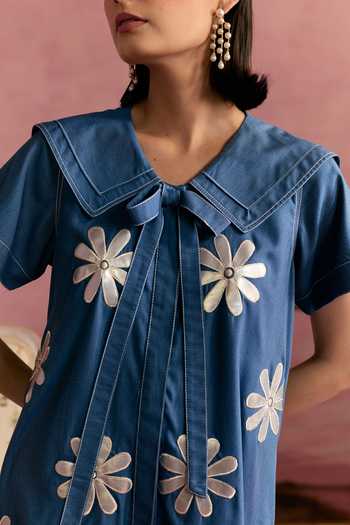 Buy_Surabhi Arya_Blue Cotton, Twill Collared Neck Leather Patchwork Dress 