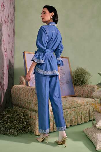 Shop_Surabhi Arya_Blue Cotton, Twill Collared Neck Applique Floral Top With Pant _at_Aza_Fashions