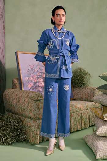 Buy_Surabhi Arya_Blue Cotton, Twill Collared Neck Applique Floral Top With Pant _at_Aza_Fashions