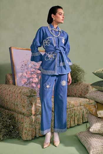 Surabhi Arya_Blue Cotton, Twill Collared Neck Applique Floral Top With Pant _Online_at_Aza_Fashions