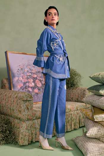 Buy_Surabhi Arya_Blue Cotton, Twill Collared Neck Applique Floral Top With Pant _Online_at_Aza_Fashions
