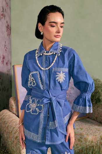 Shop_Surabhi Arya_Blue Cotton, Twill Collared Neck Applique Floral Top With Pant _Online_at_Aza_Fashions