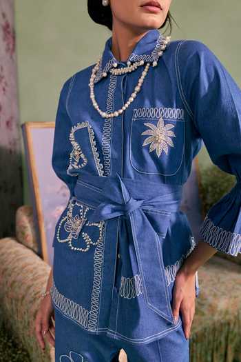 Surabhi Arya_Blue Cotton, Twill Collared Neck Applique Floral Top With Pant _at_Aza_Fashions