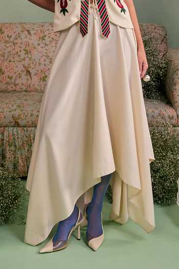Surabhi Arya_Ivory Cotton, Twill Choker Neck Lace Up Detail Top And Skirt Set _Online_at_Aza_Fashions