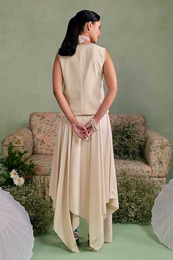 Shop_Surabhi Arya_Ivory Cotton, Twill Choker Neck Lace Up Detail Top And Skirt Set _at_Aza_Fashions