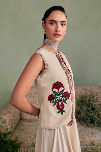 Buy_Surabhi Arya_Ivory Cotton, Twill Choker Neck Lace Up Detail Top And Skirt Set _Online_at_Aza_Fashions