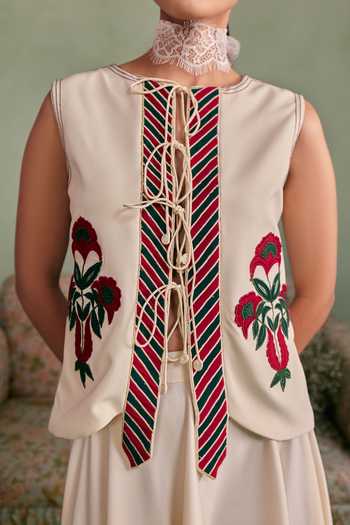 Shop_Surabhi Arya_Ivory Cotton, Twill Choker Neck Lace Up Detail Top And Skirt Set _Online_at_Aza_Fashions
