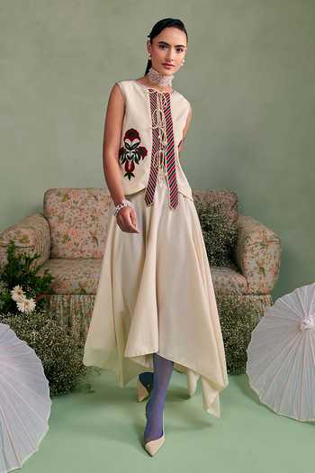 Surabhi Arya_Ivory Cotton, Twill Choker Neck Lace Up Detail Top And Skirt Set _at_Aza_Fashions