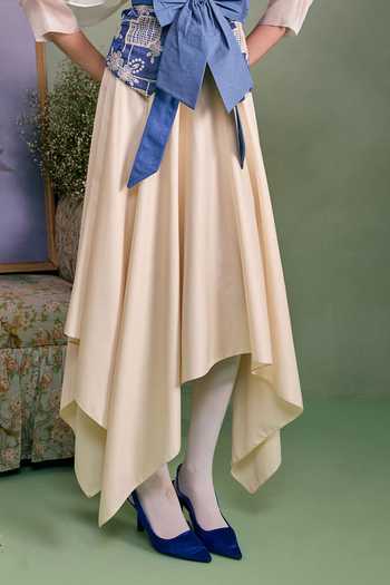 Surabhi Arya_Blue Cotton, Twill High Neck Applique Embroidered Blouse And Skirt Set _Online_at_Aza_Fashions