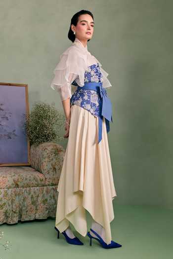 Shop_Surabhi Arya_Blue Cotton, Twill High Neck Applique Embroidered Blouse And Skirt Set _at_Aza_Fashions