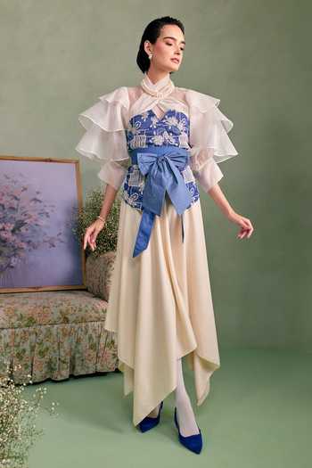 Buy_Surabhi Arya_Blue Cotton, Twill High Neck Applique Embroidered Blouse And Skirt Set _Online_at_Aza_Fashions